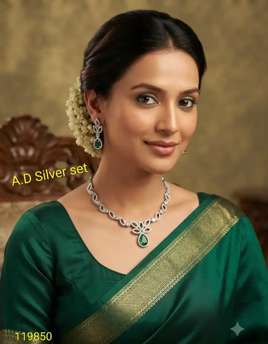 Lakshmi Luxury AD Silver Bridal Necklace Set with Emerald Pear Stone, Premium Wedding Party Wear Jewelry with Matching Earrings Set