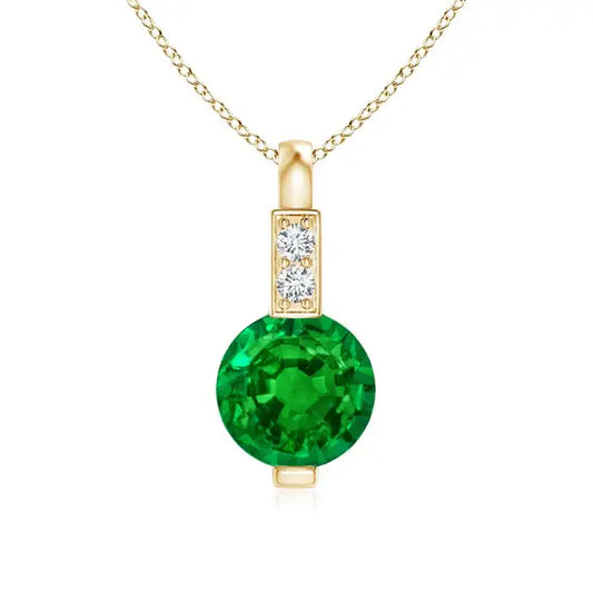 14K Pure Gold Bezel Sett Natural 5mm Round Cut 0.45 Ct Emerald Solitaire Pendant With Diamond Bale Classic Handmade Fine Jewelry
