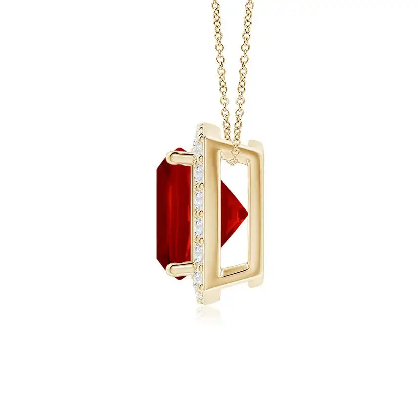 14K 18K Gold Vintage Inspired 7MM Cushion Cut 1.45Ctw Natural Red Ruby Gemstone With Halo Diamond Pendant Handmade Fine Jewelry