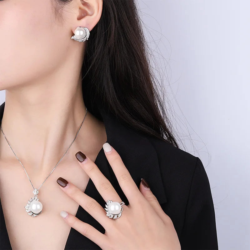 XOTICA High Quality Imitation White Pearl Jewelry Set Feather Design CZ Pendant Necklace Ring Stud Earring Elegant Tahitian Pearl Gifts