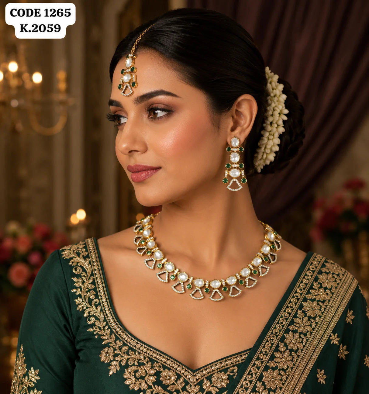 Luxury Gold Plated Kundan Necklace Set with Green Stones Elegant Bridal Wedding Party Wear Jewelry Set with Earrings