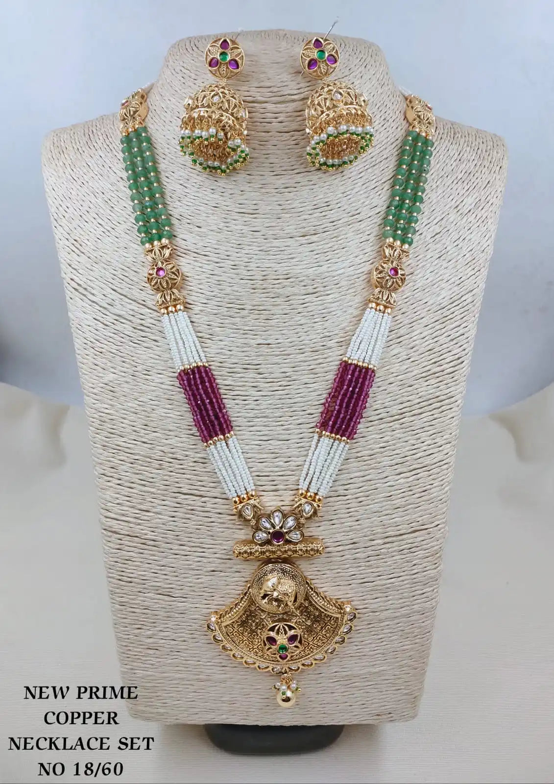 Premium Copper Temple Long Necklace Set with Beads Pendant Earrings Traditional Bridal Ethnic Jewelry for Women Gift
