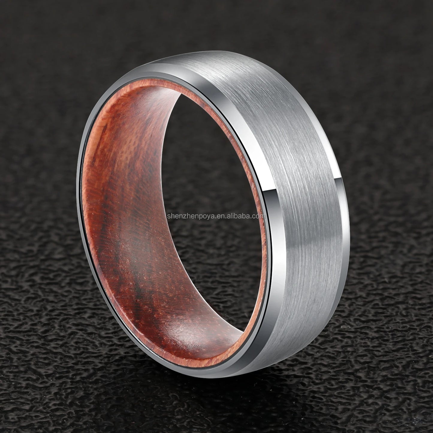 POYA 8mm Silver Black Tungsten Rose Wood Inlay Simple Mens Wedding Band Bevelved Edge Matte Finished