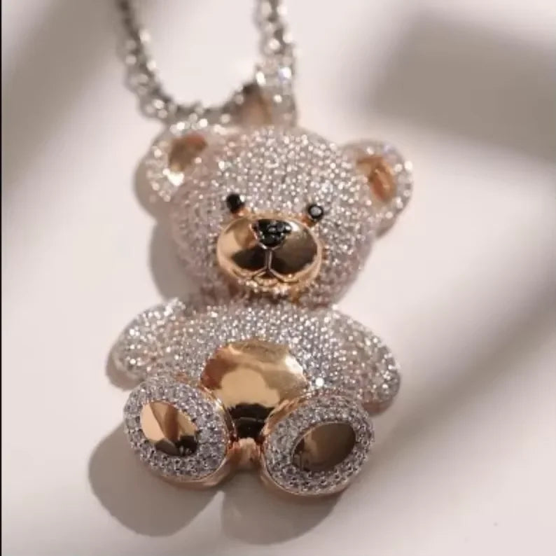 BiG-BOSS Iced Teddy Bear Pendant Sterling Silver Two Tone Gold Finish Channel Set Fully Moissanite Encrusted Luxury Hip Hop Style Party