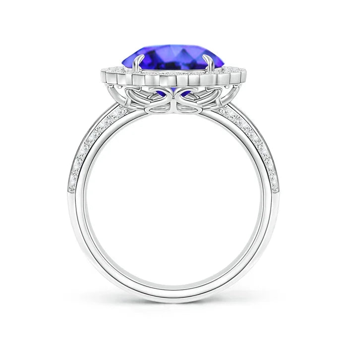14K Solid Gold Tanzanite Cocktail Ring with Diamond Floral Halo Handmade Customized Fine Jewelry Wedding Engagement Ring