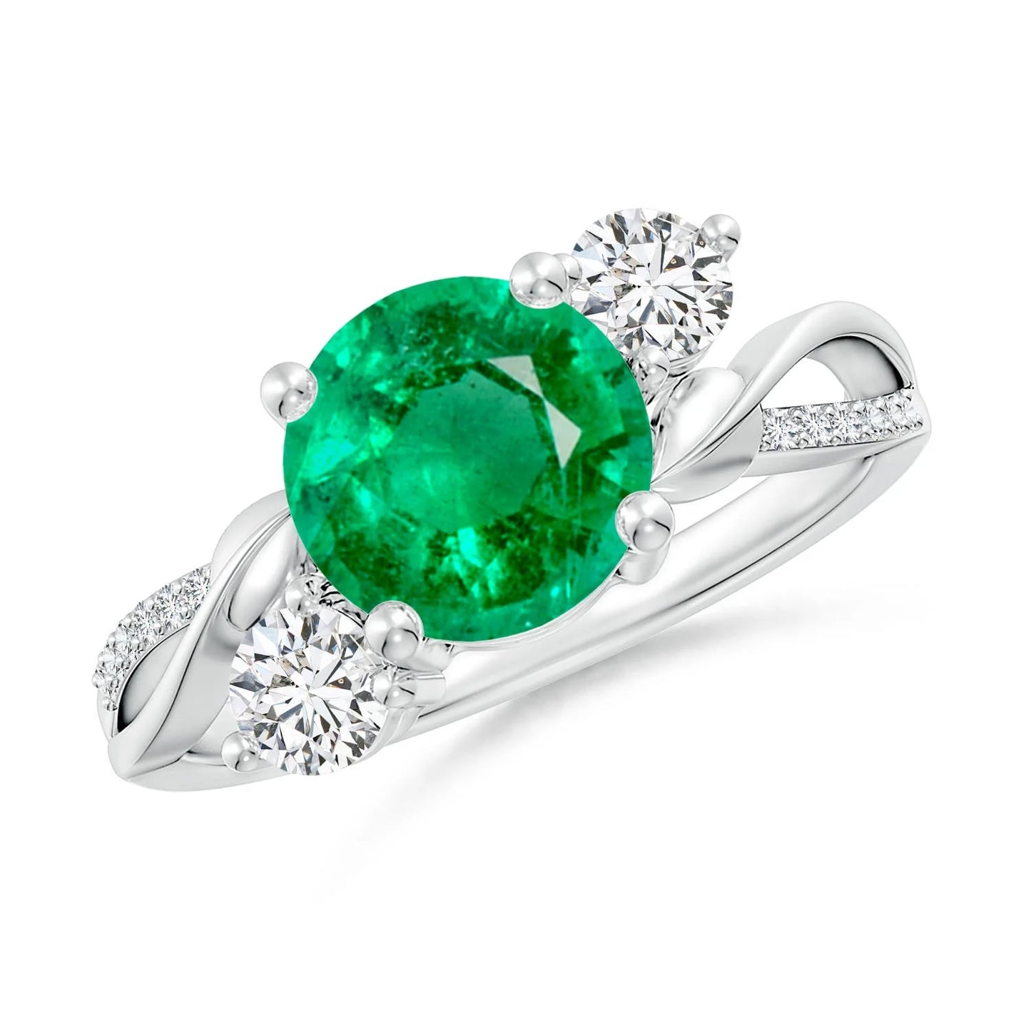 14K Solid Gold Round Brilliant Cut Natural Green Emerald Engagement Ring with Pave Setting Twisted Diamond Band Solitaire Ring