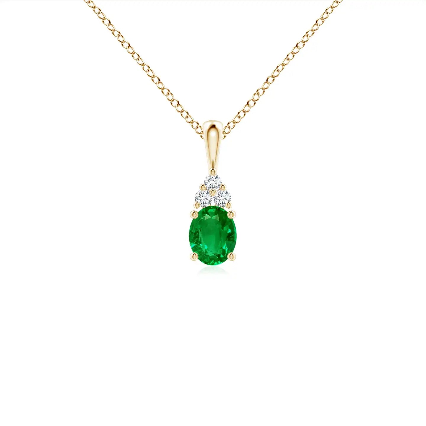 14K Solid Gold Natural Emerald Oval Emerald Solitaire Pendant with Trio Diamond Classic Fine Jewellery Anniversary Gift For Her