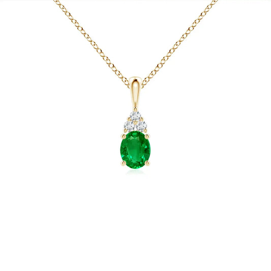 14K Solid Gold Natural Emerald Oval Emerald Solitaire Pendant with Trio Diamond Classic Fine Jewellery Anniversary Gift For Her