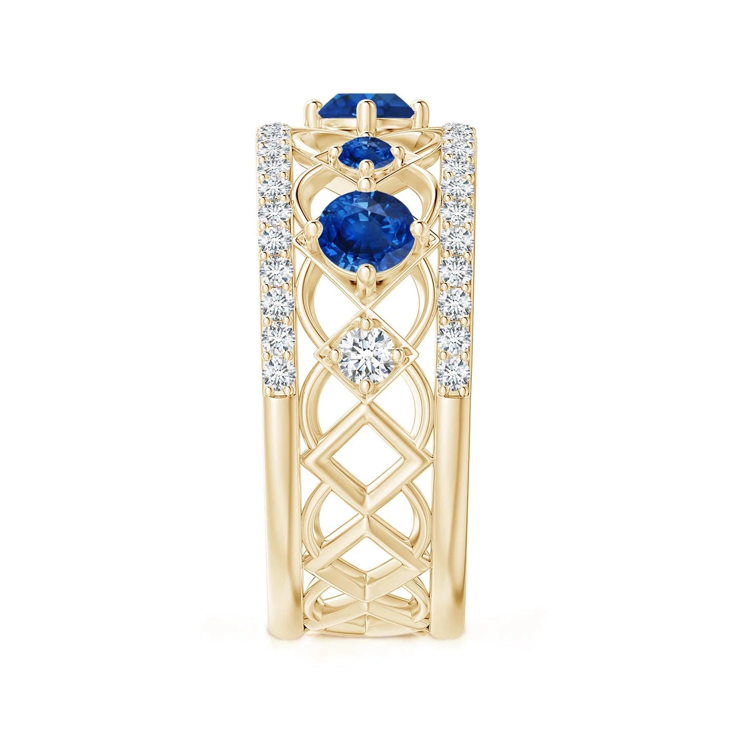 14K Solid Gold Art Deco Inspired Graduated Natural Blue Sapphire Gemstone and Diamond Ring Luxury Fine Jewelry Wedding Band Ring