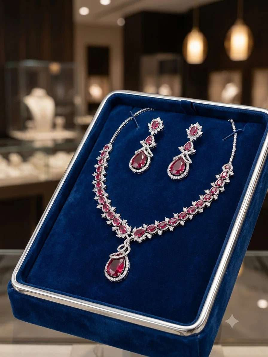Luxury Silver Plated American Diamond Ruby Red Stone Pendant Necklace Set for Women Designer Wedding Party Wear Jewelry Gift