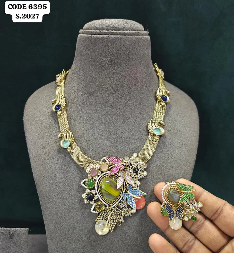 Luxury Royal Floral Peacock Emerald Pear Gemstones Statement Choker Necklace Earrings Set Premium Party Designer Costume Jewelry