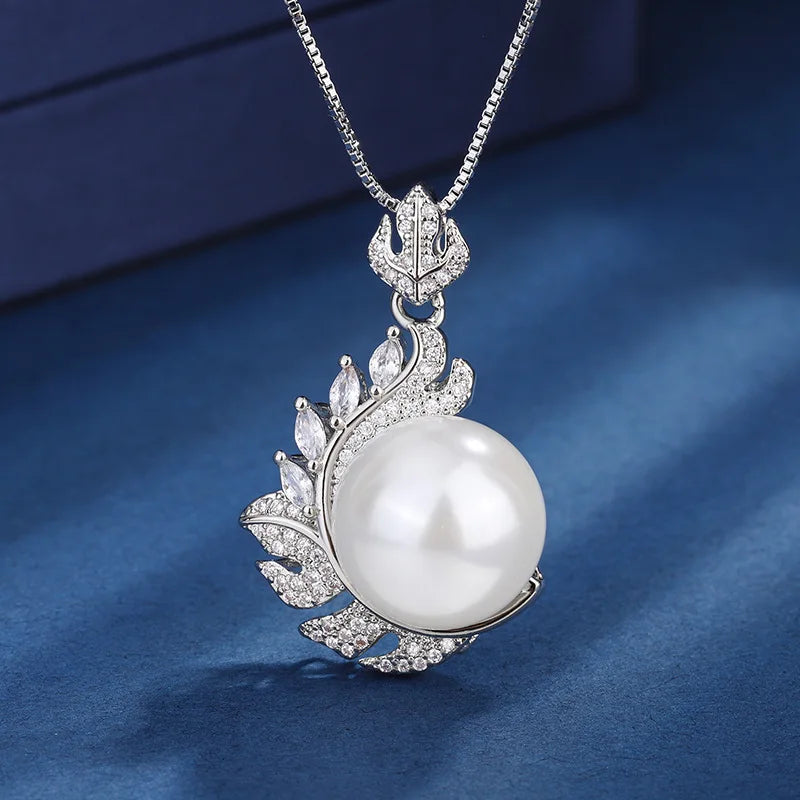 XOTICA High Quality Imitation White Pearl Jewelry Set Feather Design CZ Pendant Necklace Ring Stud Earring Elegant Tahitian Pearl Gifts