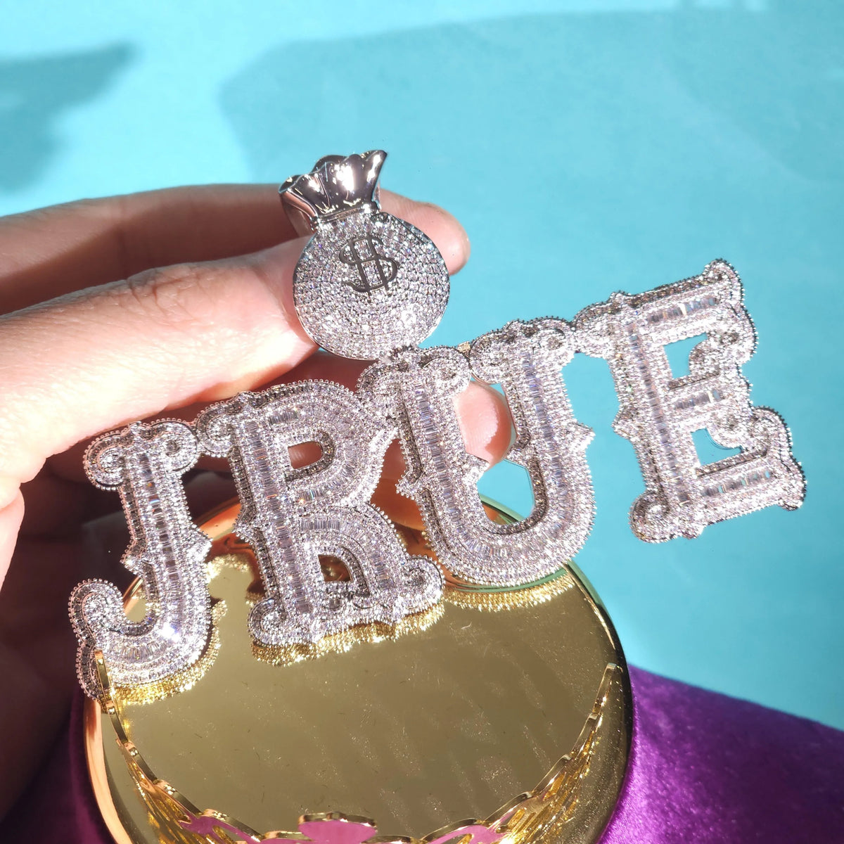 BiG-BOSS Icy Luxury Hip Hop Money Bag Bail Custom Name Men's Silver Plated Cuban Chain Iced Cushion Cut Moissanite Letter Pendants