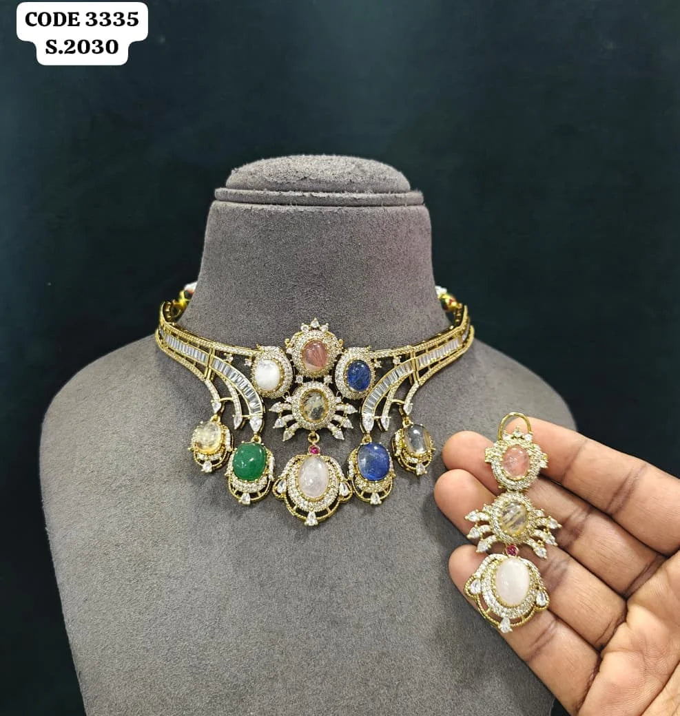 Luxury Multi Stone Bridal Choker Necklace Set for Women Wedding Party Designer Ethnic Jewelry Gift Collection Premium Set