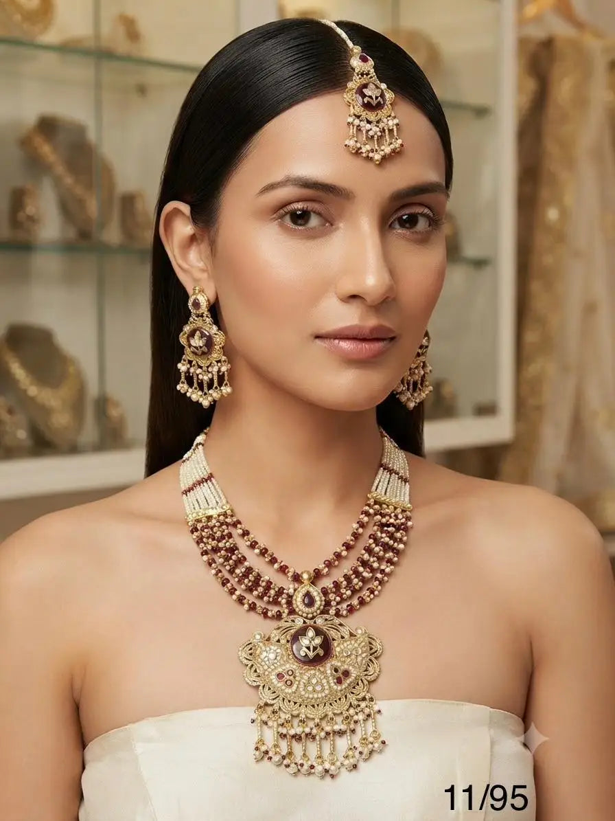Luxury Kundan Meenakari Bridal Necklace Set with Pearl Beads, Green Stones, Matching Earrings & Maang Tikka Gold Plated Set