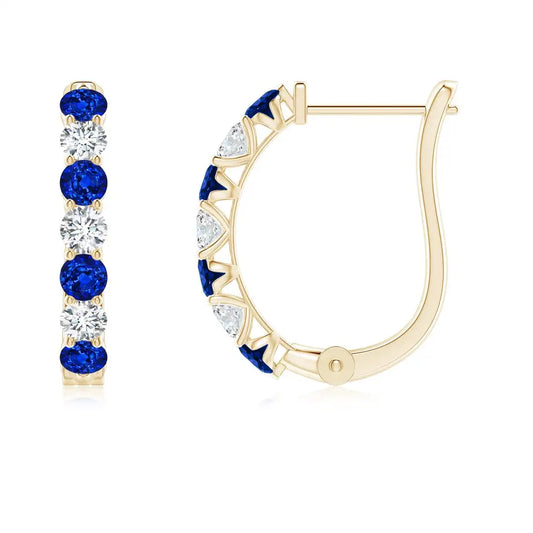 Blue Sapphire And Diamond Channel Setting Classic 14K Solid Gold Hoop Earrings Women's Jewelry