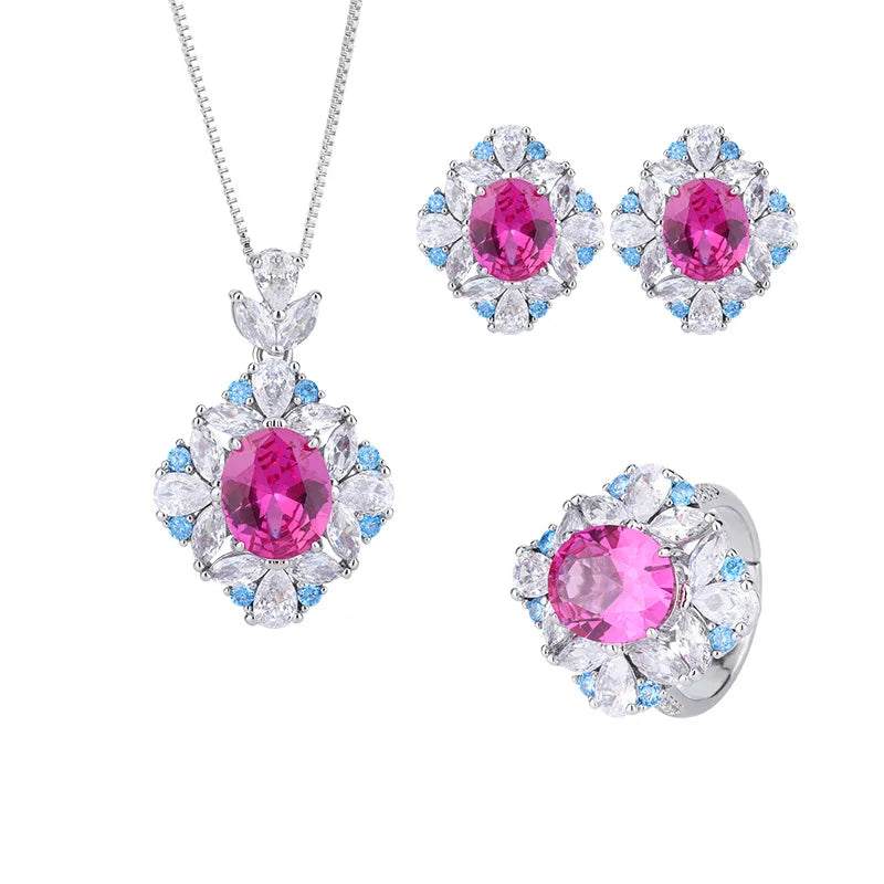 Gemfiori Fashion Red Sapphire Jewelry Set Flower Halo with Blue White CZ Pendant Necklaces Ring Earring Luxury Multi-Color Jewelry Gifts