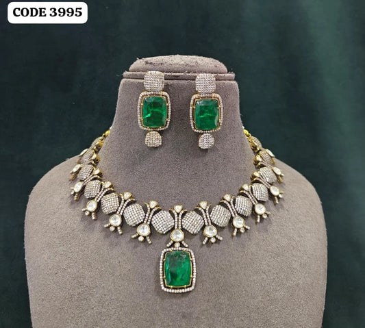 Antique Gold Plated Emerald Green Statement Necklace Set with Matching Earrings Wedding Bridal Party Jewelry Set