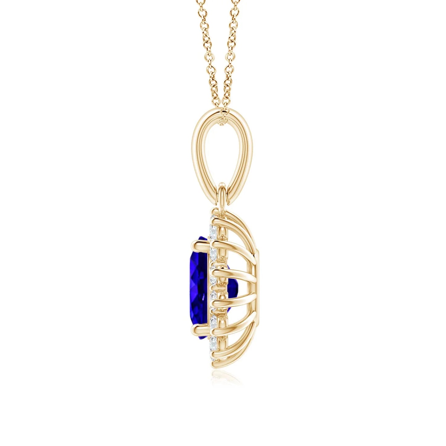 14K Solid Gold Natural 6*4mm 0.4Ct Oval Tanzanite Pendant With Floral 0.14Ct Diamond Halo Customized Handmade Pendant Necklace