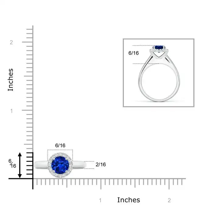 14K Gold Classic 6MM Round Cut 1.10Cts Blue Sapphire & 0.1Ct Diamond Halo Engagement Ring Customized Handmade Fine Jewelry Ring