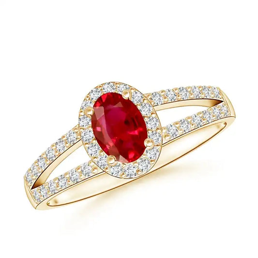 14k Solid Gold Prong Sett Oval Cut Ruby & Pave Diamond Split Shank Ring Certified Fine Jewelry SI/H Real Diamond Engagement Ring