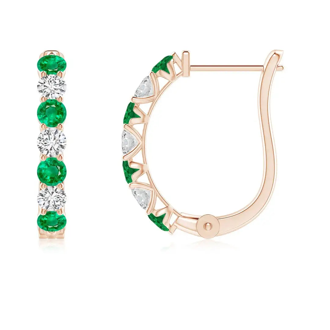 Classic 14kt Solid Gold Hoop Earrings With Emerald And Round Brilliant Cut Diamond Claw Setting Women's Jewelry