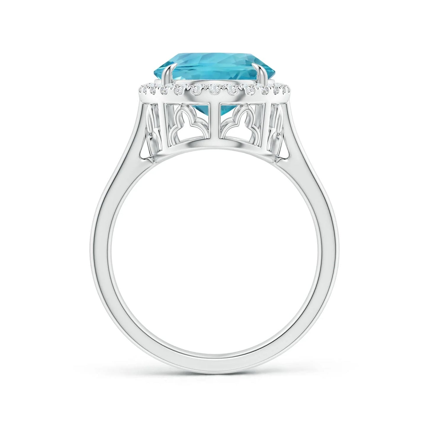 14K Gold Prong Set Oval Cut Natural Aquamarine With Accent Diamond Cathedral Ring Certified Stone Engagement Ring For Woman