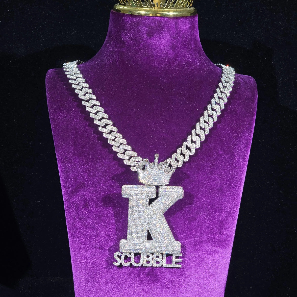 BiG-BOSS Krishnavii KP 204 Men's Luxury Iced Custom Name Hip Hop Pendant Necklace Silver Plated Cushion Cut Moissanite Crown Clasp Party