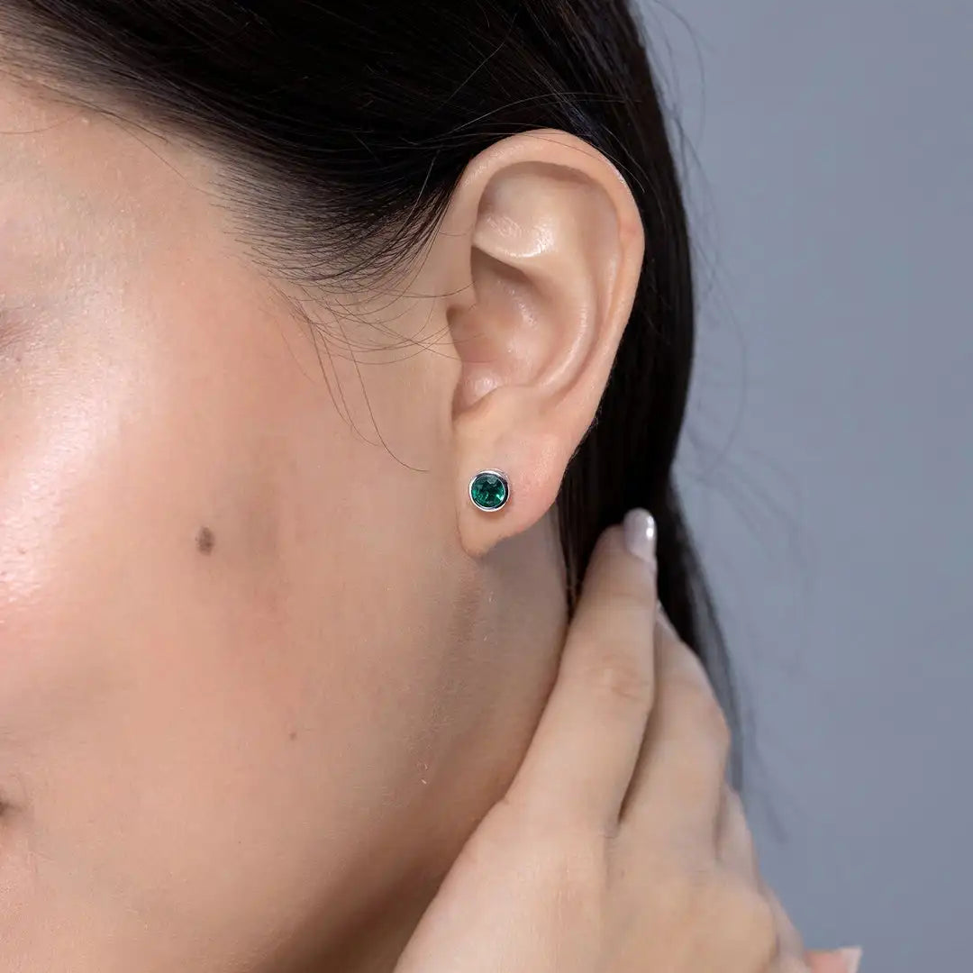 Natural Emerald Bezel Stud Earrings May Birthstone 14kt Solid Gold Minimalist Everyday Round Cut Green Emerald Earrings