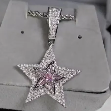 BiG-BOSS Krishnavii KP 078 Luxury Star Pendant for Men Women Iced Pink Cushion Cut Moissanite Channel Set Sterling Silver Hip Hop Jewelry