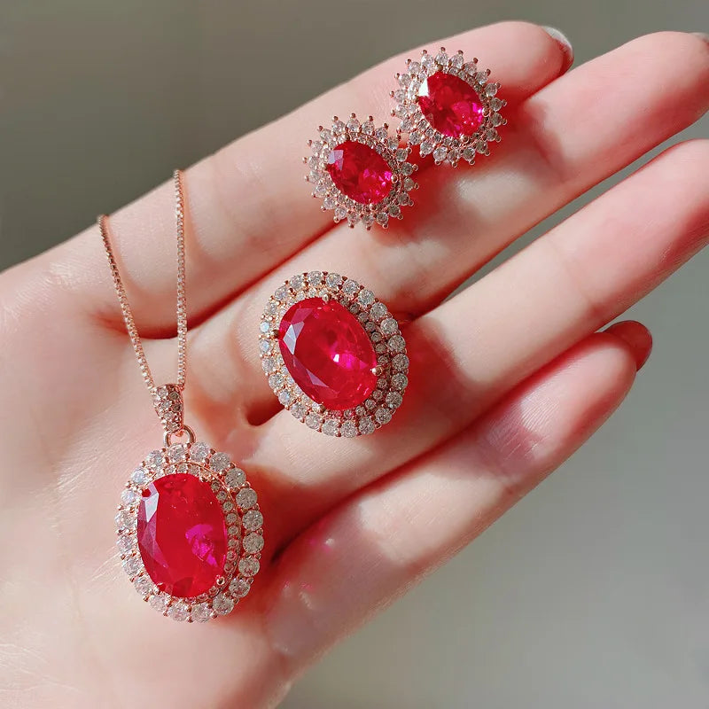 Gemfiori Luxury Brass Gold Plated Bridal Jewelry Wedding Vintage Full Zircon Oval Red Lab Diamond Necklace Drop Earrings Ring Jewelry Set