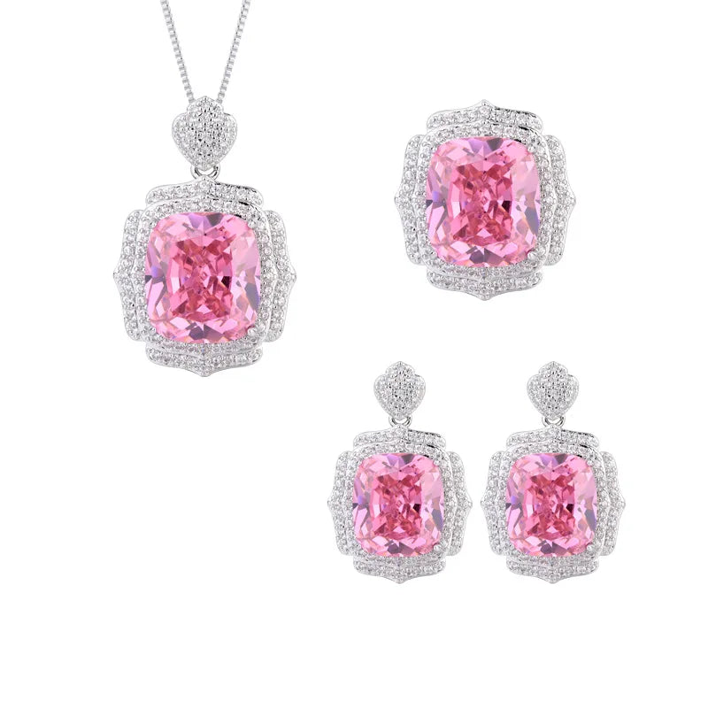 Gemfiori New Luxury Rectangle Cut Simulated Emerald Jewelry Set Platinum Plated Zircon Pendant Necklace Ring Drop Earring Wedding Jewelry