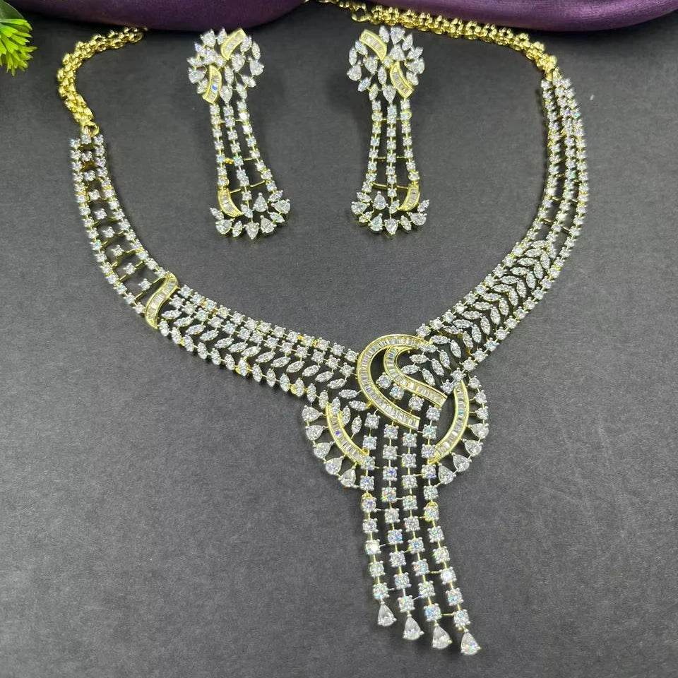 CZ diamond golden Necklace Earrings Jewelry Set for Women | Rhodium Alloy Handmade Imitation Indian Fashion Gift Anniversary Set