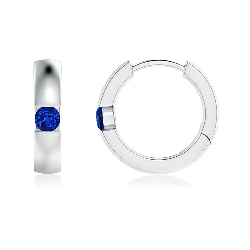 14kt White Gold Blue Sapphire Huggie Hoop Earrings Round Cut Bezel Set Minimalist Fine Jewelry for Women Gift For Fiance