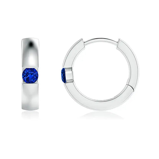 14kt White Gold Blue Sapphire Huggie Hoop Earrings Round Cut Bezel Set Minimalist Fine Jewelry for Women Gift For Fiance
