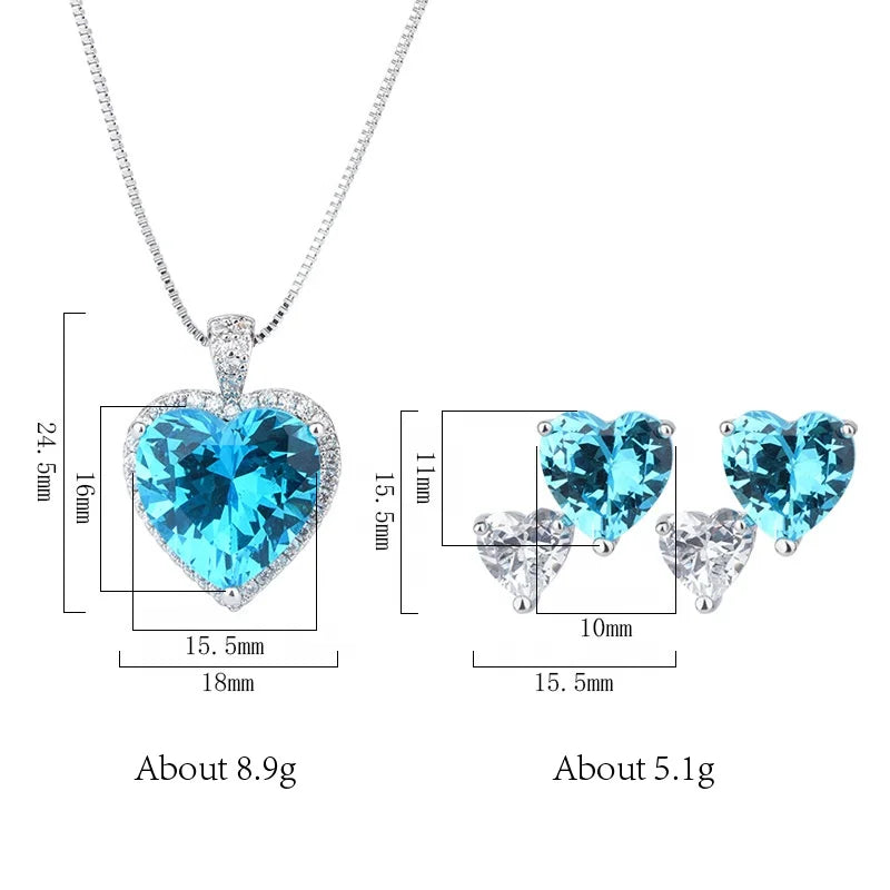 Gemfiori Luxury Colorful Crystal Heart Shaped Pendant Necklace Earring Jewelry Set for Women Valentines Day Wedding Romantic Jewelry Gift