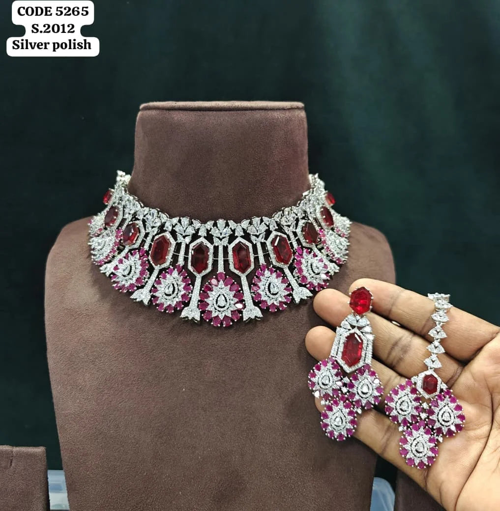 Luxury Silver Polish Ruby Emerald American Choker Necklace Set with Earrings & Maang Tikka Bridal Wedding Jewelry Set for Women