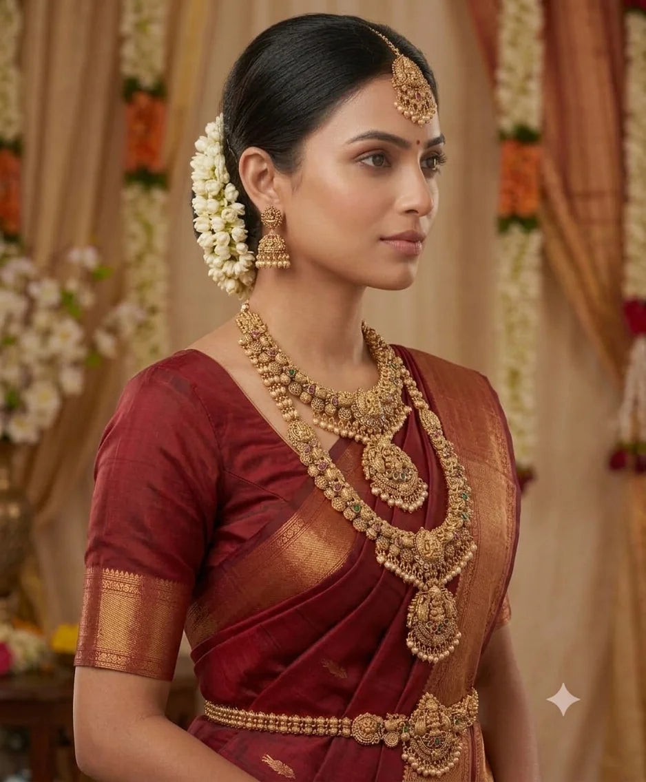 Luxury Temple Jewellery Bridal Necklace Set Antique Gold Plated Brass Long Haram Choker Vaddanam Wedding Set for Women Set