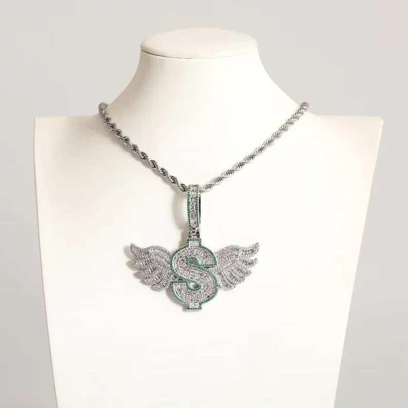 BiG-BOSS Iced Out Dollar Sign Wing Pendant Silver Plated Moissanite Hip Hop Jewelry for Men and Women Party Occasion