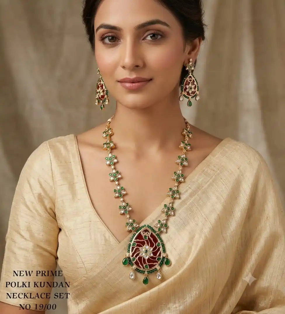 Luxury Emerald Floral Polki Kundan Pendant Necklace Set with Matching Earrings Traditional Wedding Jewellery for Women Set