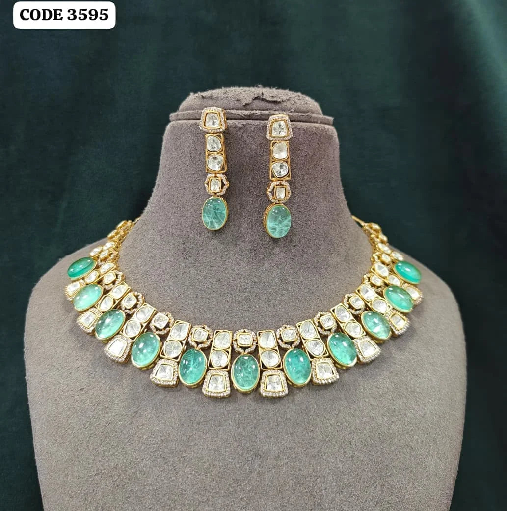 Gold Plated Women's Necklace and Earring Set with Green Crystal Rhinestones Geometric Design Classic Wedding Jewelry Set