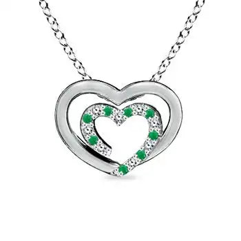 14K Solid Gold Natural Emerald Diamond Double Heart Pendant Necklace May Birthstone Anniversary Wedding Fine Jewellery