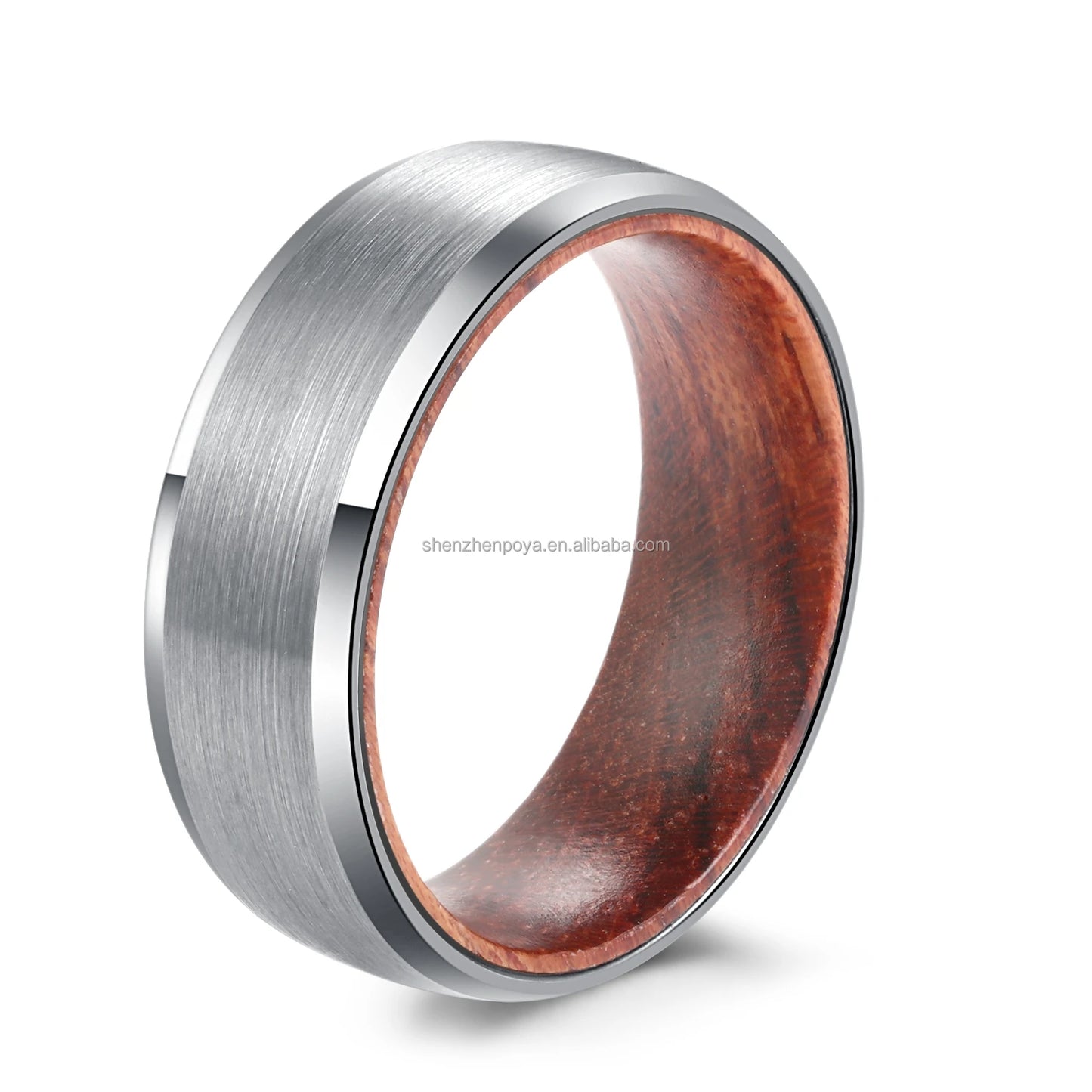 POYA 8mm Silver Black Tungsten Rose Wood Inlay Simple Mens Wedding Band Bevelved Edge Matte Finished