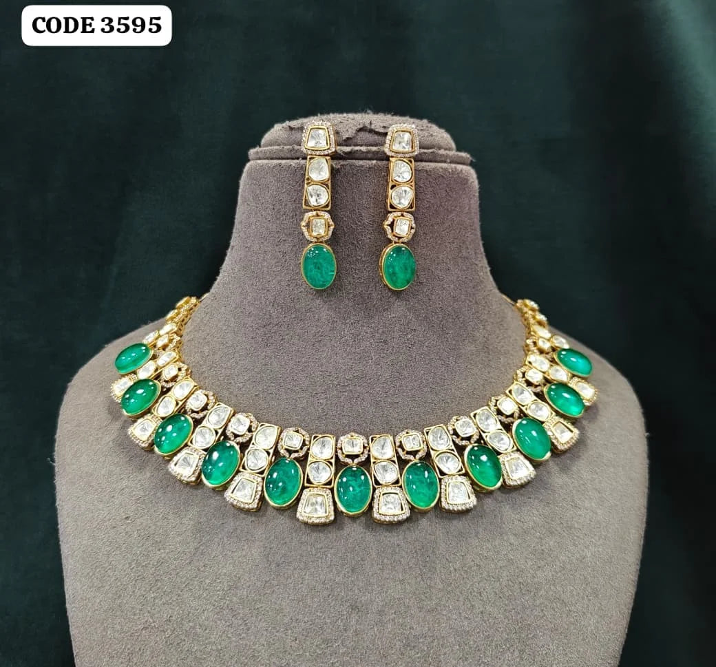 Gold Plated Women's Necklace and Earring Set with Green Crystal Rhinestones Geometric Design Classic Wedding Jewelry Set
