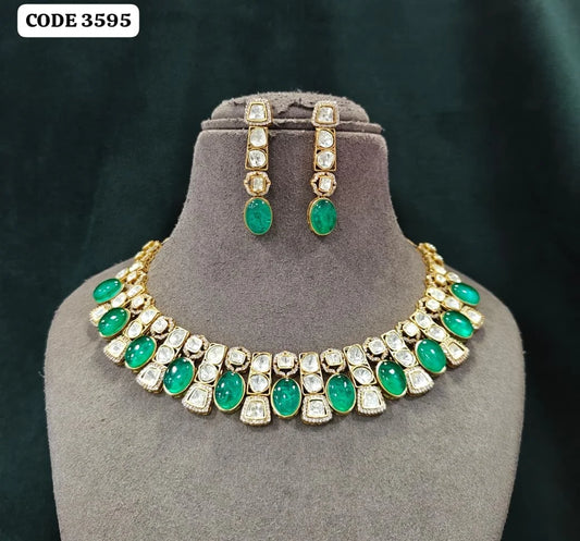 Lakshmi Gold Plated Women's Necklace and Earring Set with Green Crystal Rhinestones Geometric Design Classic Wedding Jewelry Set