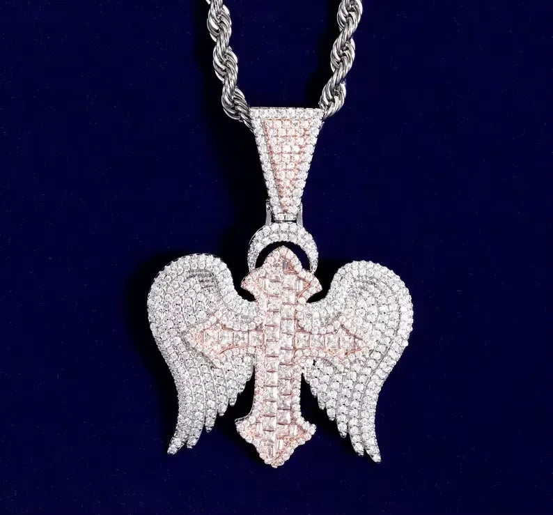 BiG-BOSS Iced Out Cross Wing Pendant Silver and Rose Gold Tone Hip Hop Jewellery for Men and Women
