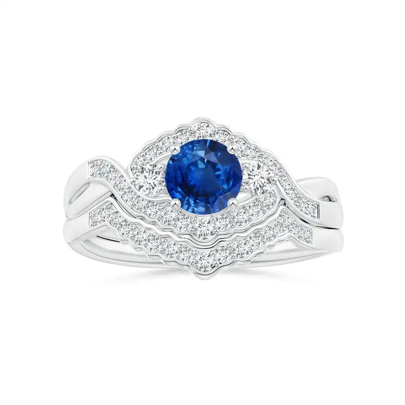 Aeon Vintage Style Sapphire & Diamond Floral Halo Three Stone Engagement Ring Handmade Customized Fine Jewelry 14K Solid Gold