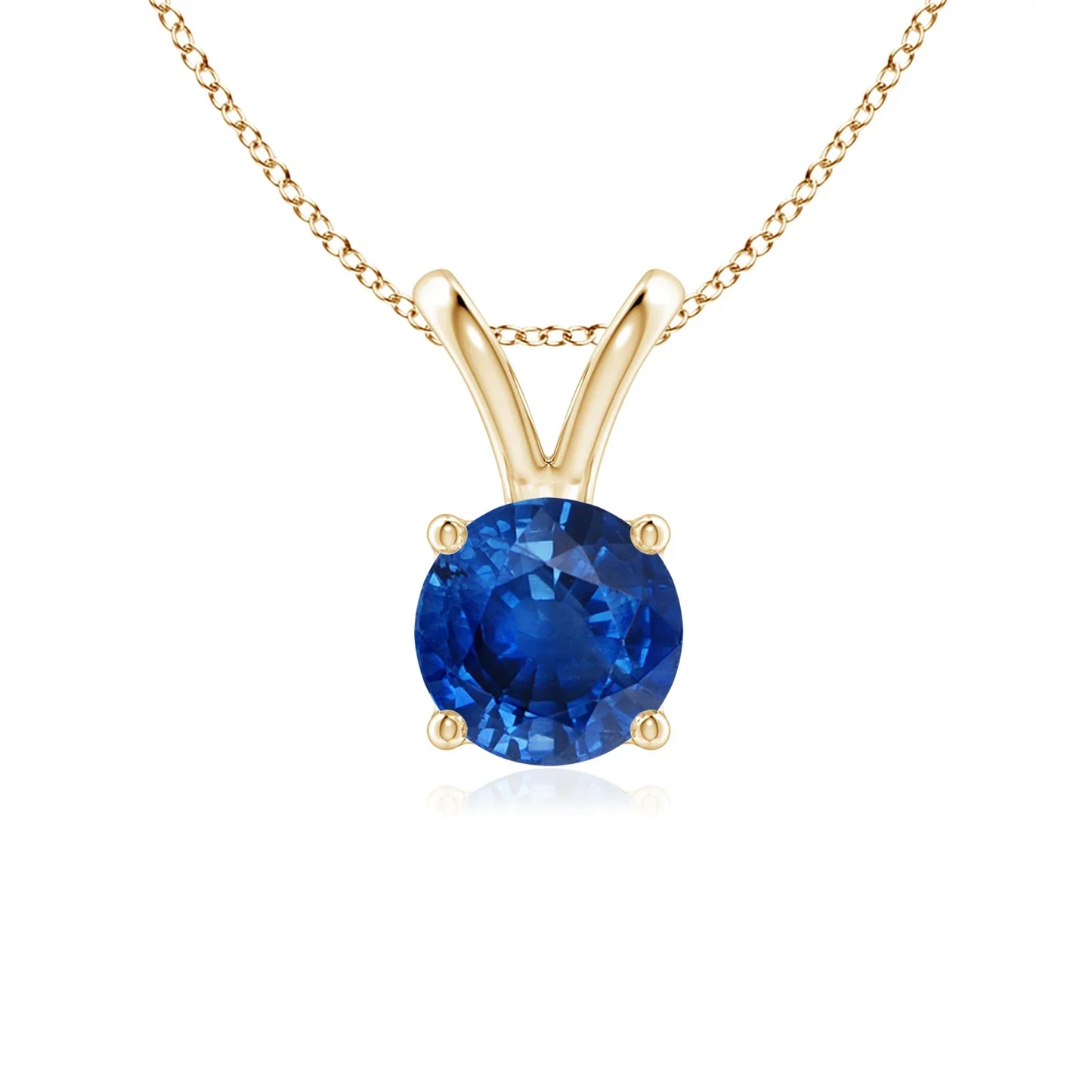 14K Solid Gold Natural Round Cut Blue Sapphire V-Bale Solitaire 4 Prong Set Pendant High Quality IGI Certified Gemstone Pendant