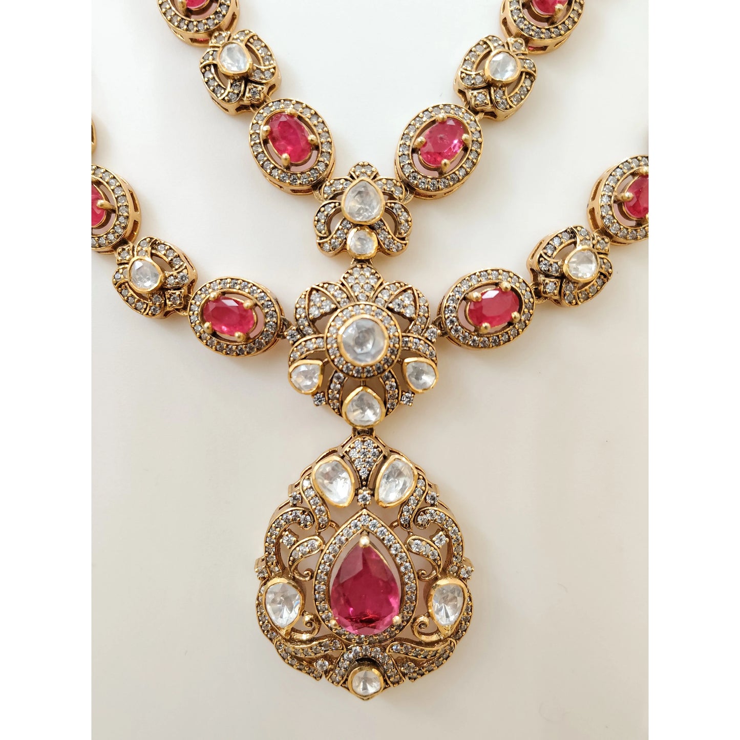925 Silver Victorian Double Layer Ruby Polki Set Luxury Handmade Indian Bridal Antique Gold Plated Ethnic Necklace and Earrings