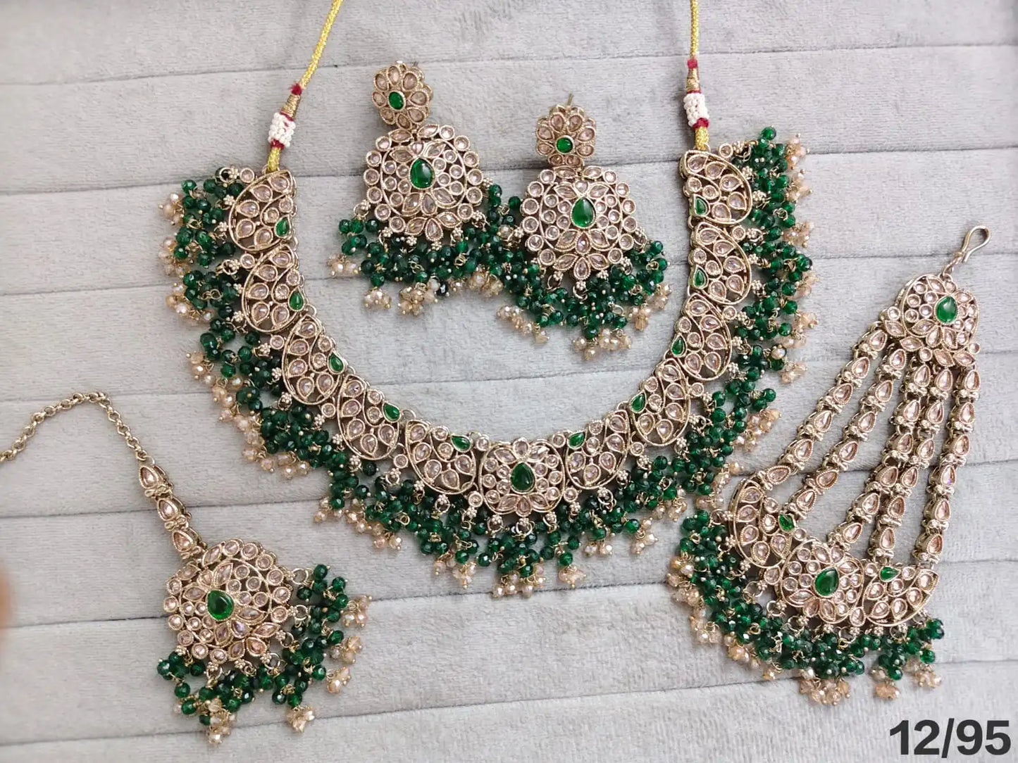 Luxury Gold Plated Black Kundan Bridal Necklace Set with Zircon Crystal Beads Earrings Maang Tikka & Hathphool Wedding Jewelry